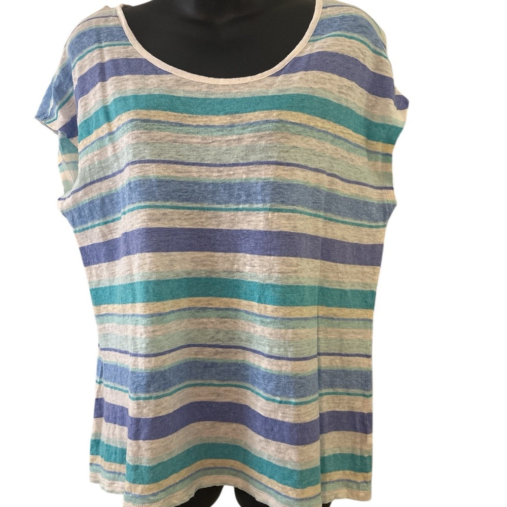 Talbots Multicolor Linen Striped Short Sleeve Top Size Large